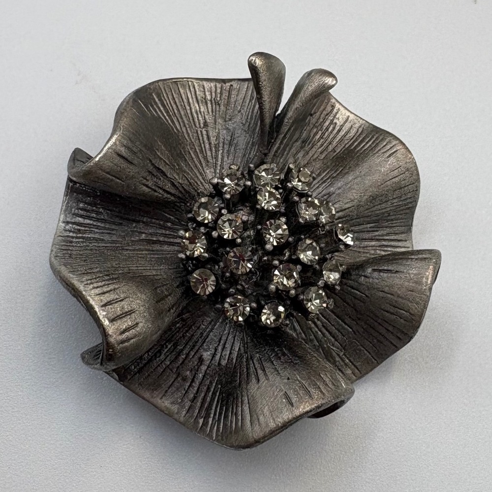 Premier Jewelry Flower Brooch Pendant Womens Gunmetal Rhinestone Textured